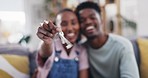 Black couple, hands and keys for new home, property and real estate investment with a smile. Sale, invest achievement and young people happy from buying a house and moving opportunity together