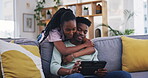 Tablet, hug or black couple online shopping to search on social media for ecommerce on internet connection. Love, care or woman talking to an African man or reading news on blog to relax on sofa 