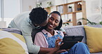 Tablet, kiss or black couple online shopping on social media for ecommerce on internet connection at home. Love, hug or happy woman talking to a romantic African man or reading news on blog to relax