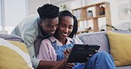 Tablet, hug or happy black couple on social media for communication, mobile app or internet connection. Digital, home or African woman with a romantic man streaming on an online subscription service