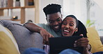 Tablet, funny and black couple talking in home on living room sofa, bonding and happy. African man, woman and technology, laughing and streaming comedy movie, film or video, meme joke or social media