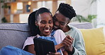 Tablet, black couple and high five on home sofa, celebration and excited in living room. African man, woman and tech, success and achievement, winner or hands together in deal, lottery prize or goal