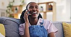 Funny, phone call and black woman talking in home, living room and communication on sofa. Smartphone, laughing and African person on couch, happy and conversation, comedy chat and discussion of joke