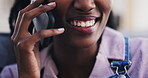 Woman, mouth and talking in phone call with smile for connection to contact, communication and happy discussion. Cellphone, speaking and African person with happiness in mobile conversation in home