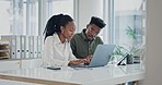 Coworking, talking and black people with a laptop for a project, research or advice on an email. Help, typing and an African woman and man speaking about an online collaboration on a computer