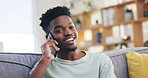 Happy, phone call and black man talking in home living room, communication and speaking on sofa. Smartphone, smile and African person on couch in conversation, chat and discussion, news or networking