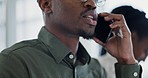 Phone call, networking and business man closeup in office with negotiation and conversation. African male face, connection and talking at a consultant job company with digital discussion on mobile