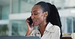 Phone call, contact and business woman in office with negotiation and conversation. African female professional, connection and talking at a consultant job company with digital discussion on mobile