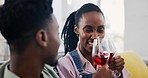 Toast, black couple and wine glass in home, happy or bonding in living room. African man, woman and alcohol cheers, drink and smile, care and love celebration, relax and funny laugh together in house