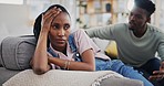 Ignore, black couple and fight, conflict and divorce, shout or sad in marriage crisis. African man, woman and stress, argument and challenge, angry or mistake, frustrated or fail in home relationship
