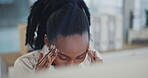 Business woman, headache and pain or stress on computer for payroll mistake, Human Resources error or wrong email. Professional african person with migraine or frustrated or angry for HR fail or news