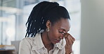 Business woman, headache and stress on computer for  payroll mistake, Human Resources error or wrong email. Professional african person on desktop with pain, frustrated or angry for HR fail or news