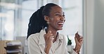 Business woman, winner and success on computer with fist, yes or celebration of news, opportunity or bonus. Professional and excited african person on desktop for email prize, competition or winning 