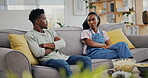 Black couple, ignore and sad, divorce or conflict, stress in marriage crisis or depression at home with arms crossed. African man, woman and fight, problem or angry in mistake, frustrated or thinking