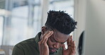 Business man, headache and stress on computer for graphic design mistake, website error or online crisis. Professional african person or designer with pain, frustrated or angry for glitch or fail