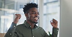 Happy black man, fist pump and celebration in winning, good news or bonus promotion at the office. Excited African male person or employee in happiness, victory achievement or success at workplace