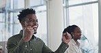 Business people, fist bump and team celebration in success, winning or promotion together at the office. Happy or excited black man and woman touching hands in victory, achievement or good news 