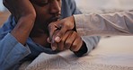 Happy couple in bedroom, holding hands and kiss with love, support and bonding together in Africa. Romance, black man and woman relax on bed with kindness, trust and morning care time in apartment.