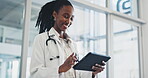 Doctor, woman and tablet for healthcare service, online charts and clinic information, internet scroll or research. African nurse or medical professional on digital technology for hospital schedule