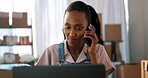 Woman, phone call and logistics, startup communication and small business management on laptop for courier. Young african people, seller or supplier talking on mobile and computer for e commerce shop