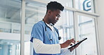 Doctor, man and tablet for healthcare service, online charts and clinic information, internet scroll or ADN research. African nurse or medical professional on digital technology for hospital schedule