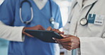 Hands, tablet and a doctor in discussion with a nurse in the hospital about healthcare diagnosis. Medical, teamwork or planning with a medicine professional and assistant in a clinic for treatment