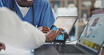 Doctor, hands and tablet in meeting with brain scan, x ray or discussion in planning surgery at the hospital. Closeup of medical or healthcare employees explaining MRI or CT of patient on technology