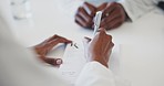 Doctor, patient and hands writing prescription, diagnosis or results on paper for note, consultation or medication list at hospital. Closeup of medical or healthcare worker filling in paperwork