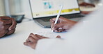 Doctor, patient and hands writing in life insurance, prescription or diagnosis on paper note, consultation or medication list at hospital. Closeup of medical or healthcare worker filling in paperwork