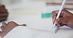 Doctor, patient and hands writing signature, prescription or diagnosis on paper for note, consultation or list at hospital. Closeup of medical or healthcare worker filling in paperwork for medication