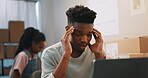 Headache, stress and black man on laptop in home, tired and small business fail. Pain, sick and African person in financial crisis for tax audit, challenge or anxiety for debt, depression or mistake