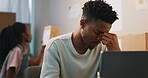 Frustrated, stress and black man on laptop in home, tired and small business fail. Burnout, fatigue and African person in financial crisis for tax, audit and anxiety for debt, depression or mistake