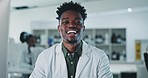 Happy, face and black man scientist in laboratory proud of medicine, research or healthcare help. Medical, portrait and science expert in lab smile for cancer, breakthrough or solution development