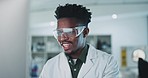 Black man, scientist and typing with data and science in laboratory with medical research and information. Future, doctor and investigation, scientific study and learning with innovation and notes