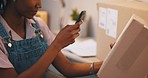 Woman, cardboard box and phone for tracking code order with delivery and package for small business. Hands, person and shipping with online purchase checking and entrepreneur working on shipment