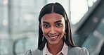 Smile, confident and portrait of a business woman or intern in office building happy for company growth or development. Worker, corporate and proud professional employee in a modern workplace
