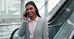 Woman with smile, phone call and escalator in office, conversation and networking for consulting business. Professional crm discussion, cellphone and happy businesswoman in lobby, talking on mobile.