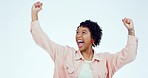 Winner, excited and face of woman celebrate for success, achievement and victory in studio. Happy, wow and portrait of African person on white background cheering for winning, bonus and surprise