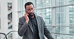 Corporate, phone call and black man with connection, communication and discussion in an airport. African person, employee and professional with a smartphone, conversation and business owner talking