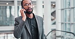 Corporate, work and talking black man on a phone call for business, networking or communication. Morning, walking and an African employee speaking on a mobile for advice, conversation or connection 
