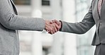 Business people, partnership and staff with handshake, cooperation and collaboration with agreement. Zoom, corporate deal and coworkers shaking hands, meeting and welcome with support and greeting