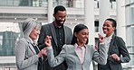 Business people, dance and staff with celebration, achievement and happiness with success. Team building, happy group and coworkers with energy, party and company event for sales, excited and startup