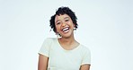 Face, woman and laugh with smile in studio for confidence, joke and good mood on white background. Portrait, happy and young model with carefree personality, comedy or positive reaction to funny meme