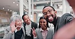 Business people, selfie and peace sign with group, diversity and teamwork with funny laugh, excited face and smile. Man, women and friends with icon, symbol and happy together for social media post