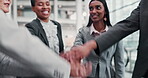 Business people, hands stack and celebration in circle with applause, motivation and goals in finance agency. Employee group, friends and happy for congratulations, success or team building in office