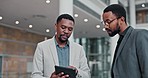 Company tablet, discussion and black people collaboration on research data, business account management or review. Consulting, cooperation and corporate African team talking, plan or work together