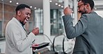 Fist bump, business men and happy handshake at office escalator with teamwork and support from work. Smile, friends and motivation of web analyst workers excited with celebration from collaboration