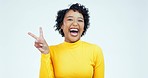 Face, excited and woman with peace sign, funny and feedback on a white studio background. Portrait, person and model with gesture, v symbol and support with motivation, humor and review with beauty