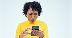 Phone scam, confused and woman with model and internet phishing problem in a studio. White background, mobile notification and angry female person reading fake news or span the web and internet app 