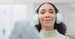 Cleaning, headphones and woman with spray on glass for dust, bacteria and dirt on window. Maid service, housekeeping and person listening to music, radio and audio for housework with disinfectant